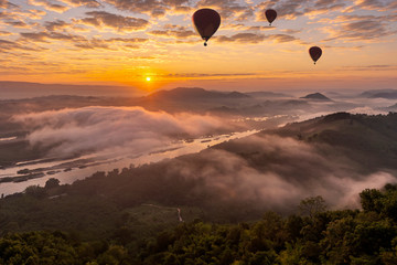 The sea of fog at sunrise Can see the Laos side of the Mekong River In Nong Khai province, Thailan