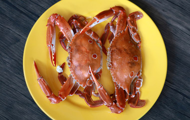 Boiled crab on wood background.