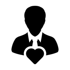 Romance icon vector male user person profile avatar with heart symbol in a flat color glyph pictogram illustration