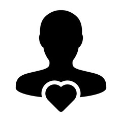 Cardio icon vector male user person profile avatar with heart symbol in a flat color glyph pictogram illustration