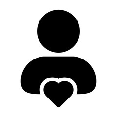 Favorite icon vector male user person profile avatar with heart symbol in a flat color glyph pictogram illustration