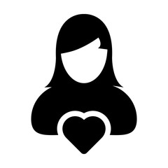 Health icon vector female user person profile avatar with heart symbol in a flat color glyph pictogram illustration