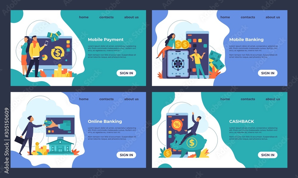 Poster online banking landing page. financial consulting, internet payment and bank transactions concept. v