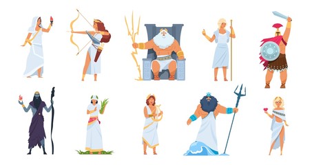 Fototapeta na wymiar Ancient Greek gods. Cartoon cute legendary characters of ancient mythology. Vector male and female heroes mountain Olympus isolated on white set
