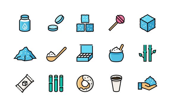 Sugar icons. Sweeteners, sugar canes packages bags cubes and heap, organic stevia eco sweetener. Vector flat and line set logo brown or refined nature product for confectionery