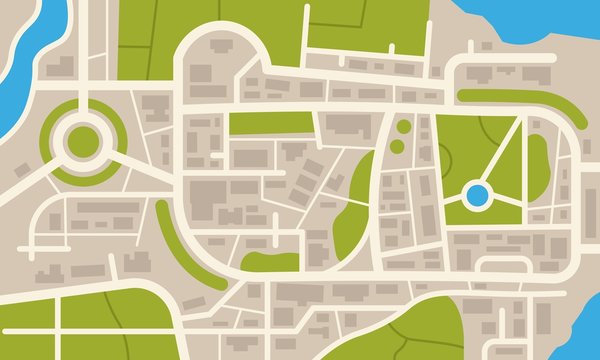 City navigation map. Flat plan of streets parks and river with top view, simple cartoon city map. Vector illustration downtown pattern with beautiful mapping image town squares, square