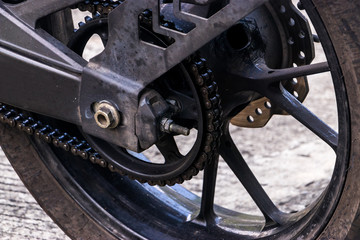 Rear chain and sprocket of motorcycle wheel. Motorcycle chain.