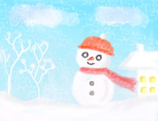 Snowman with santa hat and scarf.Snowman, dry tree and house in the snow in the winter.