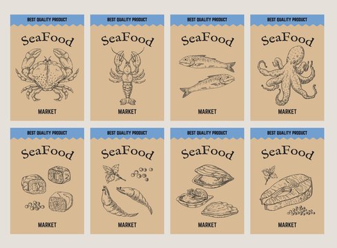 Sea food banner. Retro hand drawn labels price templates. Vector tags for shop or market. Organic food illustration designs brochure black sketch drawing set