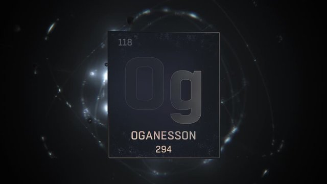 Oganesson as Element 118 of the Periodic Table. Seamlessly looping 3D animation on silver illuminated atom design background with orbiting electrons. Design shows name, atomic weight and element numbe