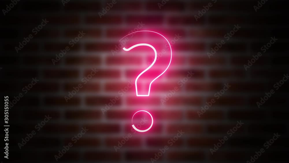 Poster question mark neon sign on a backdrop of brickwork, computer generated. 3d rendering of wireframe sy