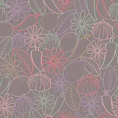 Dark Purple and Pastel Kitchen Themed Seamless Repeating Pattern.  Beautiful vector design perfect for fabric, scrap-booking, menus, wall paper, kitchen decor, gifts and projects.