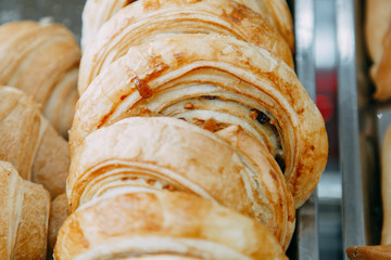  pies and desserts in macro photography. Pastries in the shop window.