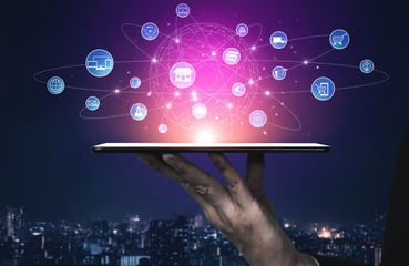 Omni channel technology of online retail business. Multichannel marketing on social media network platform offer service of internet payment channel, online retail shopping and omni digital app.