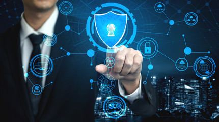 Cyber Security and Digital Data Protection Concept. Icon graphic interface showing secure firewall technology for online data access defense against hacker, virus and insecure information for privacy.