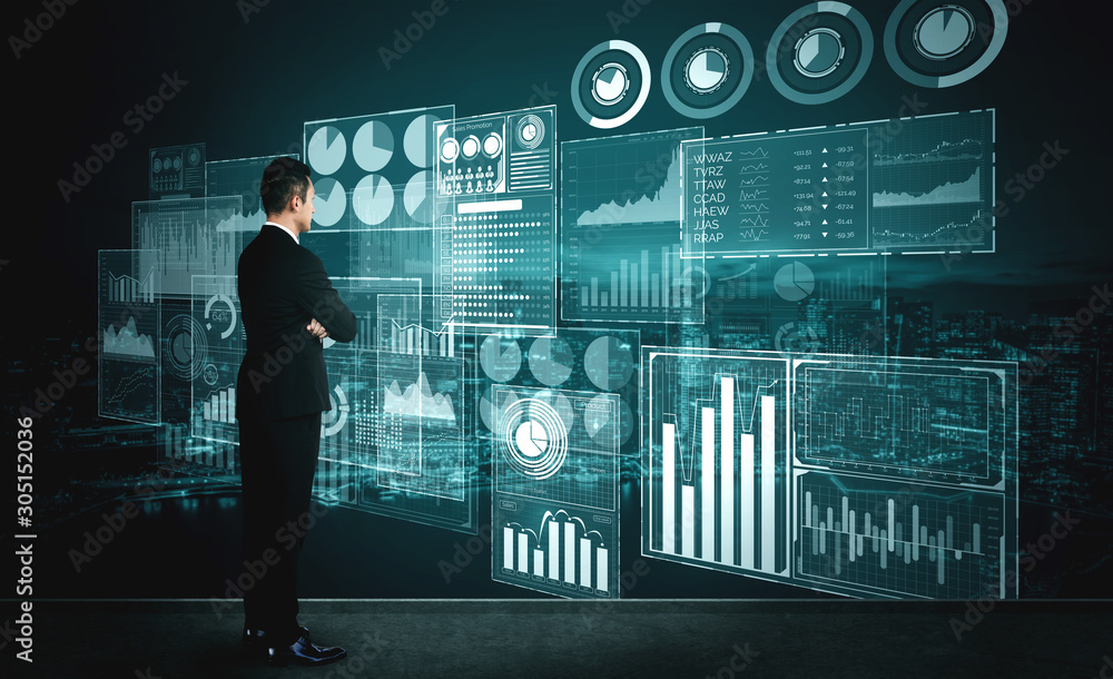 Poster big data technology for business finance analytic concept. modern graphic interface shows massive in