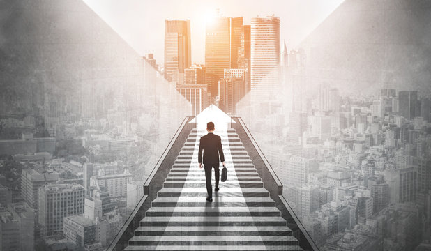 Ambitious Business Man Climbing Stairs To Meet Incoming Challenge And Business Opportunity. The High Stair Represents The Concept Of Career Path Success, Future Planning And Business Competitions.