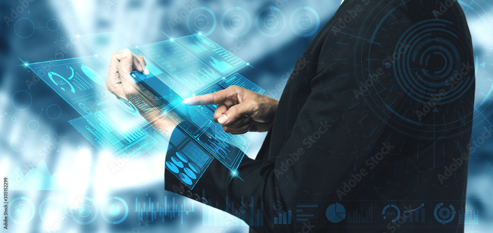 Poster big data technology for business finance analytic concept. modern graphic interface shows massive in