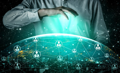 People network and global communication concept. Business people with modern graphic interface of...