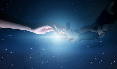 Conceptual photo of robotics help to humanity. A robot invites a person to the digital world, a...