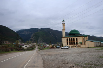 Mountain village mosque view, Dagestan, Russia