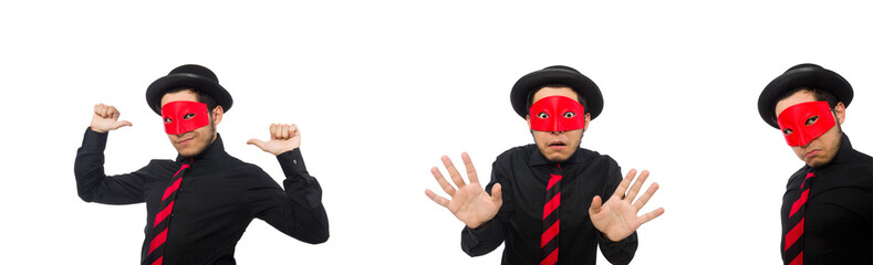 Young man with red mask isolated on white
