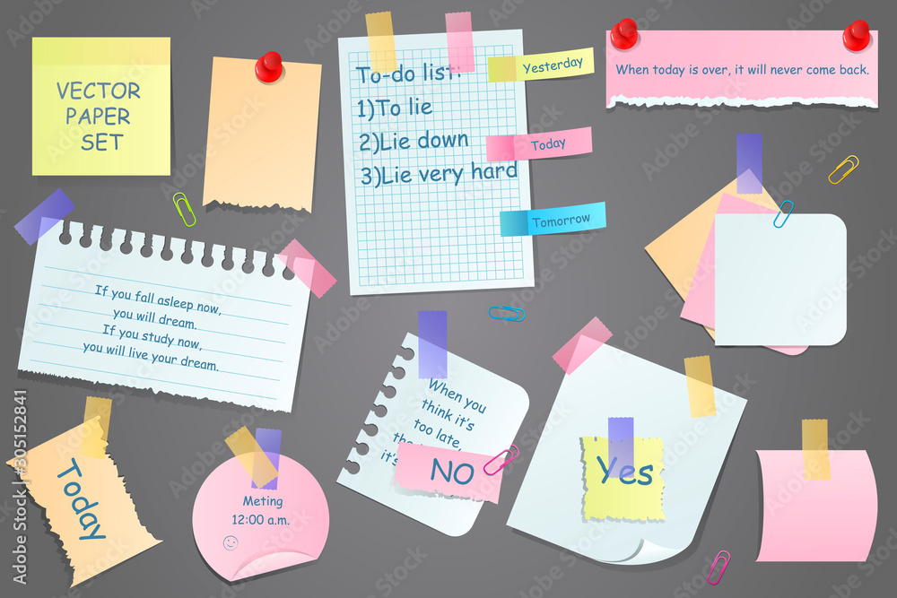 Poster paper notes on stickers, notepads and memo messages torn paper sheets. sticky notepaper posts of mee