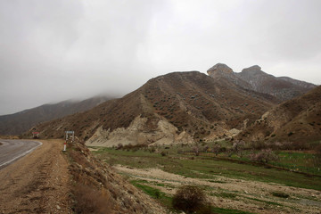 Scenic misty mountain road in Dagestan view, Russia