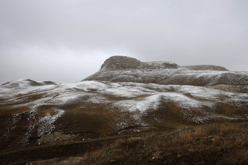 Scenic cold landscape of mountain road, Cuacasus mountains near Levashi village, Dagestan, Russia