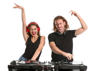 Young djs playing music on white background