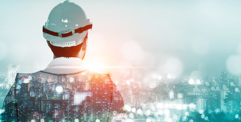Future building construction engineering project concept with double exposure graphic design....