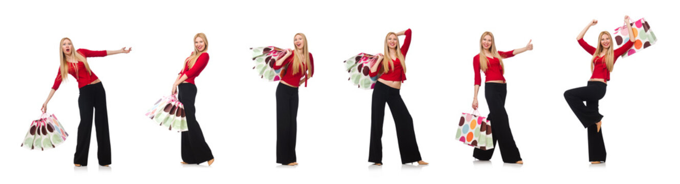 Young woman in flared pants isolated on white