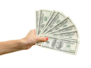 Female hand with dollar banknotes on white background