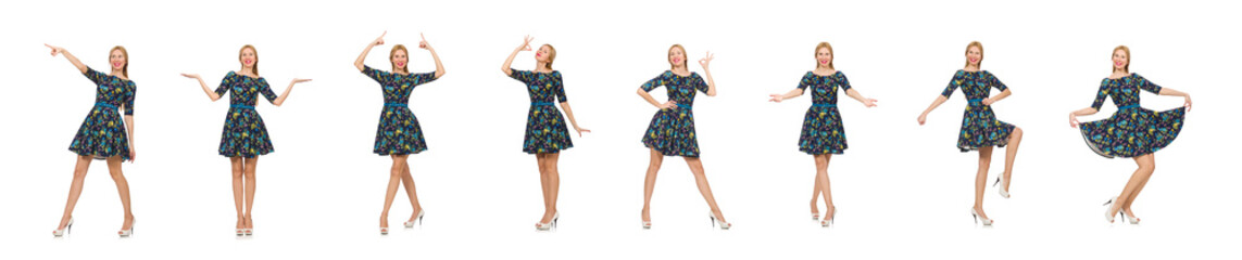 Woman in dark blue floral dress isolated on white