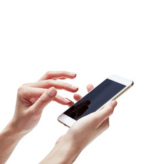 Closeup shot of a woman typing on mobile phone isolated on white background