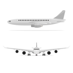 Flat vector Airplane in all points of view. Airliner front view, Airliner side view. Vector illustration.