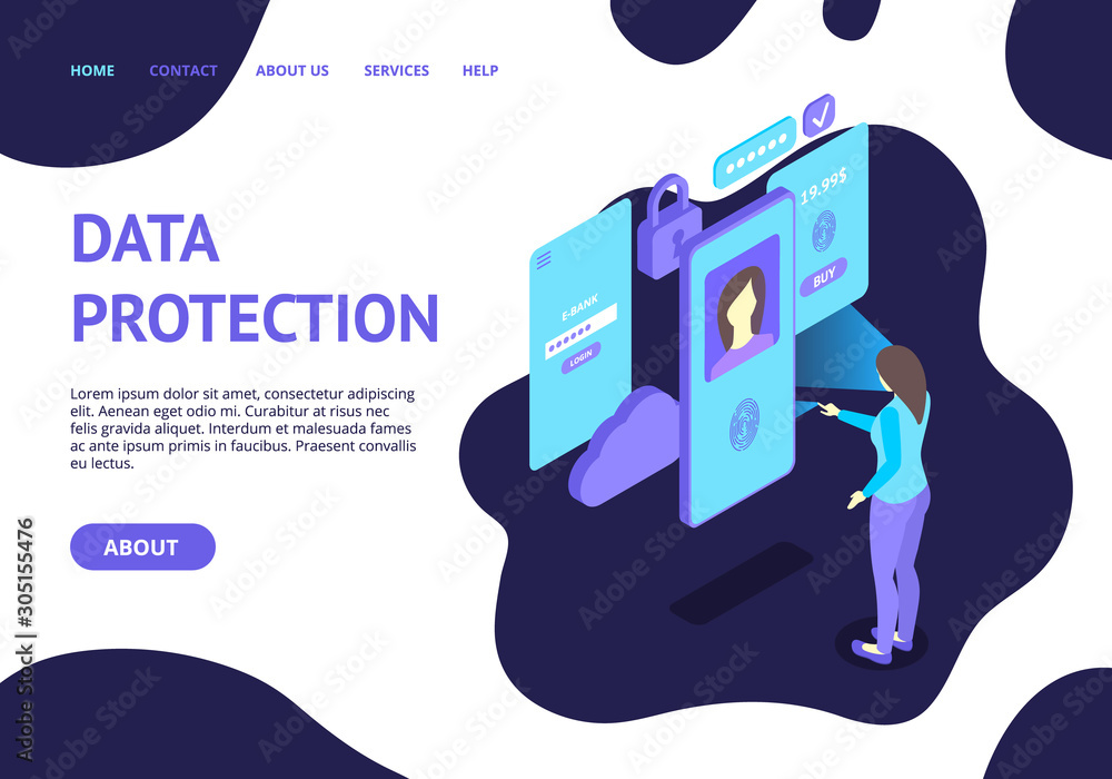Poster data protection with biometric concept landing web page template. vector