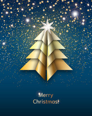 Origami Christmas tree with stardust on dark blue sky, illustration