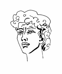 Vector marble head of David. Work of art of the era of excitement. Illustration of the Beautiful young man on a white isolated background hand drawn line style. Design for web, cards, colors, prints.