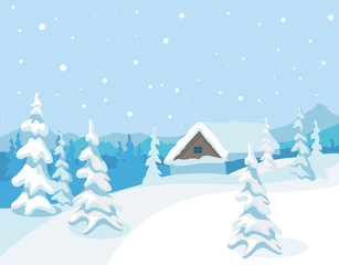 Cartoon Color Winter Landscape Scene Concept. Vector