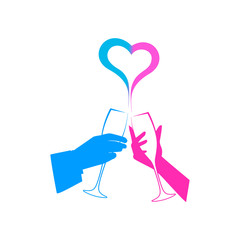 Symbol of Love. Male and female hand with glasse of wine, Heart of two halves. Abstract concept, icon. Vector illustration.