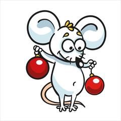 Cartoon happy mouse with christmas balls . Animal cartoon character. Symbol of the Chinese horoscope. Isolated on white background.