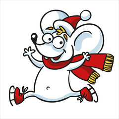 Cartoon happy mouse in a santa hat and a scarf skates. Animal cartoon character. Symbol of the Chinese horoscope. Isolated on white background.