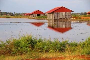 Beautiful cinematic scenery of the famous Kampot salt fields in Cambodia flooding during the rainy season