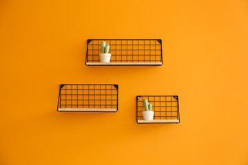 Shelves with decor hanging on color wall