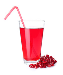 Glass of tasty pomegranate juice isolated on white
