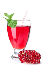 Glass of tasty pomegranate juice isolated on white