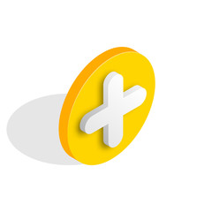 Fototapeta premium Plus isometric icon. Yellow 3d Add symbol in circle isolated on white background. Vector illustration.