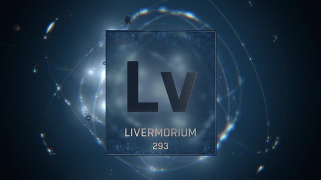 Livermorium as Element 116 of the Periodic Table. Seamlessly looping 3D animation on blue illuminated atom design background with orbiting electrons. Design shows name, atomic weight and element numbe