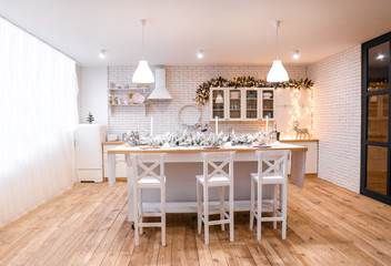 Interior of kitchen decorated for Christmas celebration